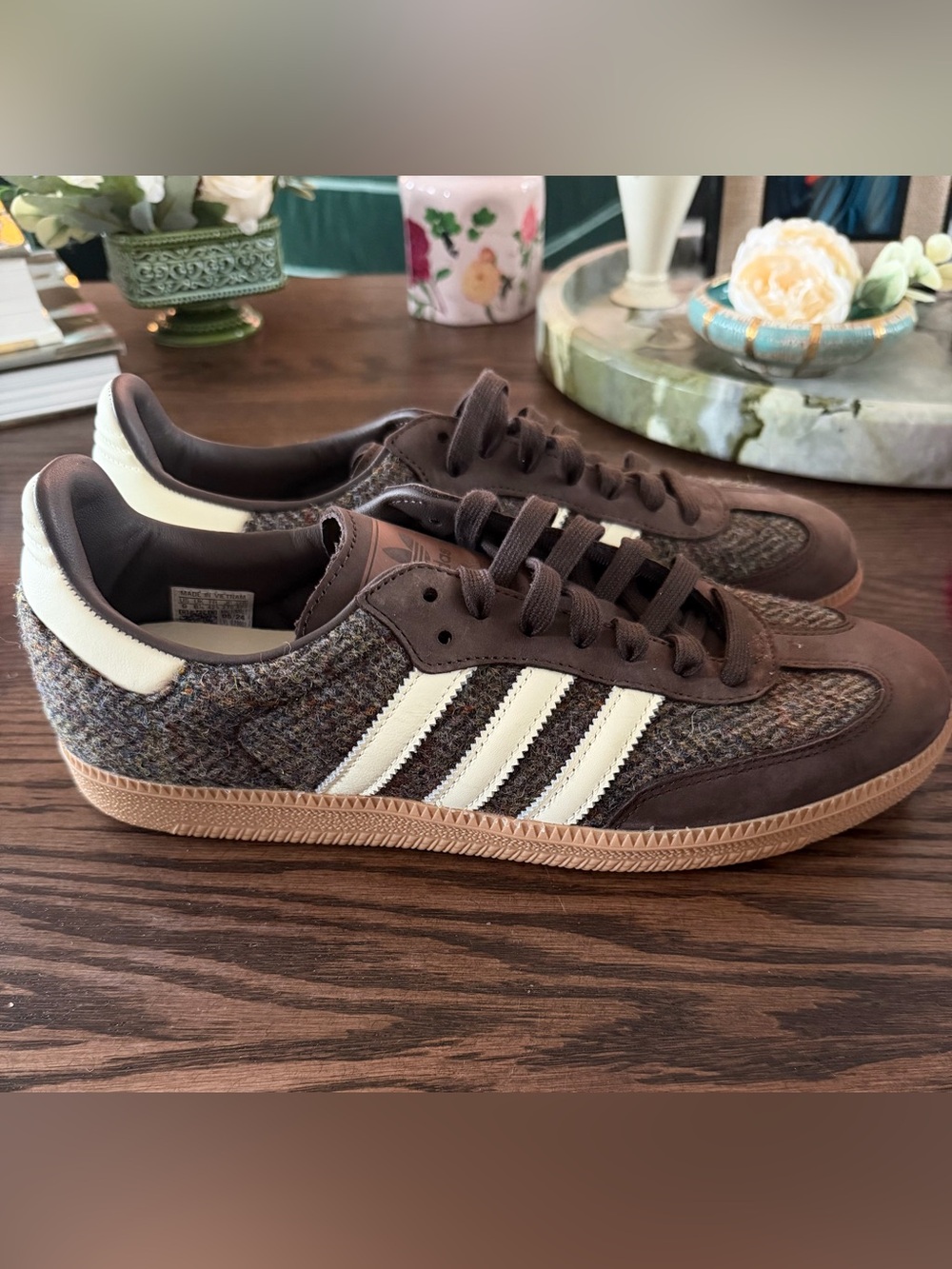 Rare! Adidas Women’s Brown Harris Tweed Samba Sneakers with Cream Stripes - W9